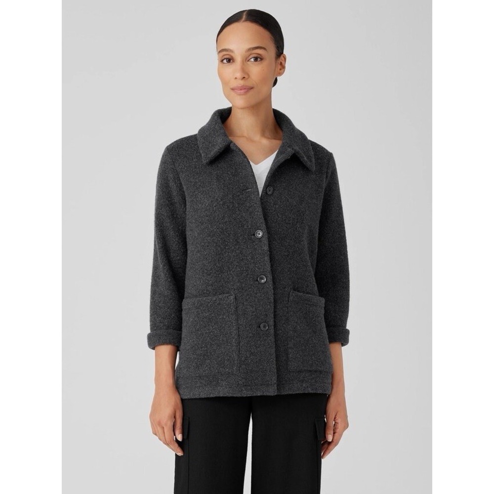 Eileen Fisher Boucle Wool Jacket Womens L Charcoal Knit Button Front